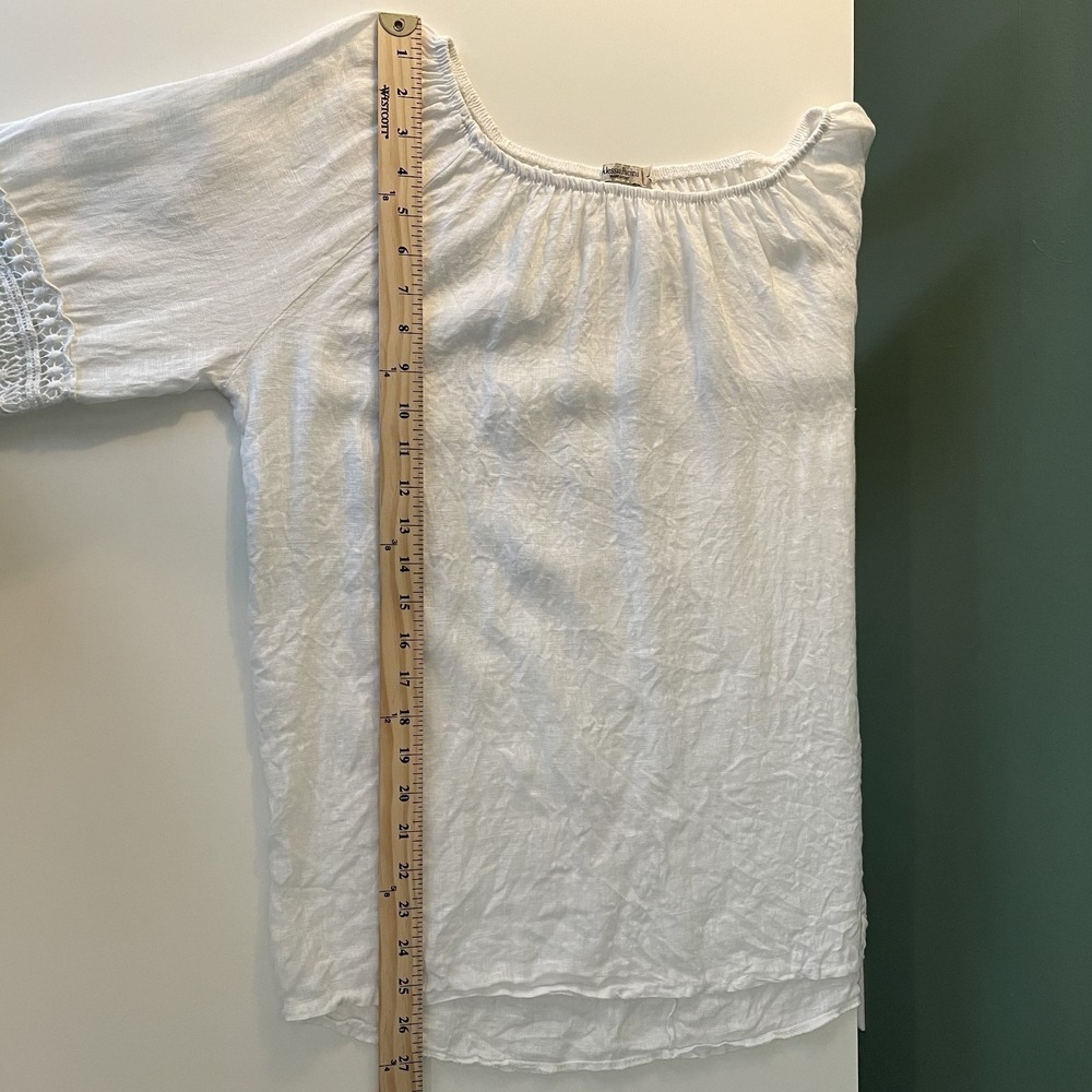 100% Linen Crochet Bell Sleeve Blouse White Sz L Lagenlook Minimalist Boho Italy - Picture 11 of 11